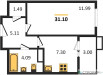 Планировка квартиры Однокомнатная (Квартиры)31.1