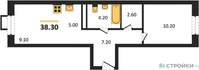 Планировка однокомнатной(квартира) площадью 38.3 квадратных метров в ЖК “ЖК ЭкоБунино (Южное Бунино)”