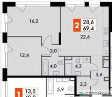 Планировка двухкомнатной(квартира) площадью 69.4 квадратных метров в “ЖК The LAKE (Лэйк)”