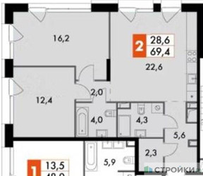 Планировка двухкомнатной(квартира) площадью 69.4 квадратных метров в ЖК “ЖК The LAKE (Лэйк)”