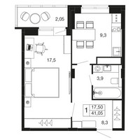 Планировка однокомнатной(квартира) площадью 41.1 квадратных метров в “ЖК Времена года”