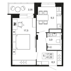 Планировка однокомнатной(квартира) площадью 41.1 квадратных метров в ЖК “ЖК Времена года”