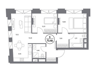Планировка двухкомнатной(квартира) площадью 73.6 квадратных метров в ЖК “ЖК Клубный дом КОСМО 4/22”