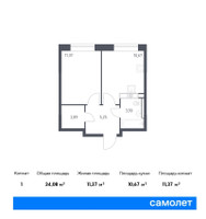 Планировка однокомнатной(квартира) площадью 34.08 квадратных метров в “ЖК Цветочные Поляны”