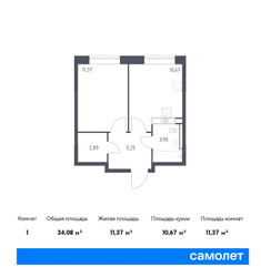 Планировка однокомнатной(квартира) площадью 34.08 квадратных метров в ЖК “ЖК Цветочные Поляны”