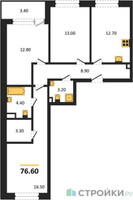 Планировка трехкомнатной(квартира) площадью 76.6 квадратных метров в “Жилые кварталы Белый Град”