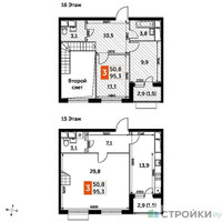 Планировка трехкомнатной(квартира) площадью 95.3 квадратных метров в “ЖК Римский”