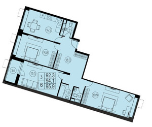 Планировка трехкомнатной(квартира) площадью 94.1 квадратных метров в ЖК “ЖК Ривер-Парк”