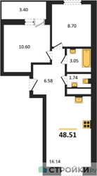 Планировка двухкомнатной(квартира) площадью 48.51 квадратных метров в ЖК “ЖК ВОСТОК II”