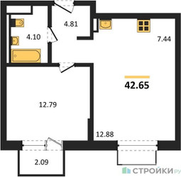 Планировка однокомнатной(квартира) площадью 42.65 квадратных метров в ЖК “ЖК Новое Внуково”