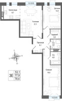 Планировка трехкомнатной(квартира) площадью 77.9 квадратных метров в “ЖК КИНОКВАРТАЛ”