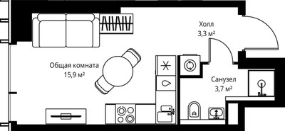 Планировка студии(квартира) площадью 22.9 квадратных метров в ЖК “ЖК Веер”