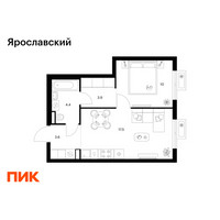 Планировка однокомнатной(квартира) площадью 39.4 квадратных метров в “ЖК Ярославский”