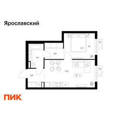 Планировка однокомнатной(квартира) площадью 39.4 квадратных метров в ЖК “ЖК Ярославский”
