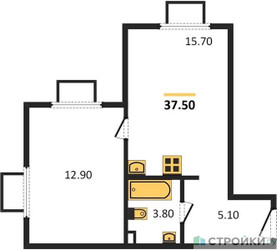 Планировка однокомнатной(квартира) площадью 37.4 квадратных метров в “ЖК ParkSide (Парксайд)”