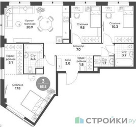 Планировка трехкомнатной(квартира) площадью 85.5 квадратных метров в ЖК “ЖК Sokolinn Park (Соколинн Парк)”