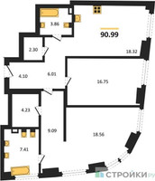 Планировка двухкомнатной(квартира) площадью 90.99 квадратных метров в “ЖК "Гранд Фили"”