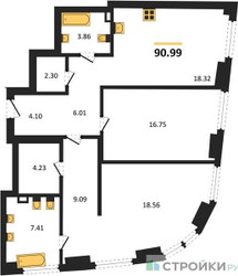 Планировка двухкомнатной(квартира) площадью 90.99 квадратных метров в ЖК “ЖК "Гранд Фили"”