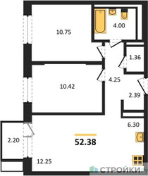 Планировка двухкомнатной(квартира) площадью 52.38 квадратных метров в ЖК “ЖК Пятницкие луга”