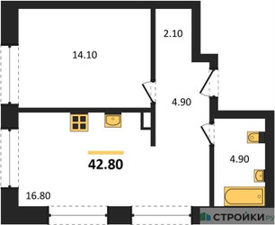 Планировка однокомнатной(квартира) площадью 42.8 квадратных метров в ЖК “ЖК Шагал”