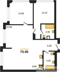 Планировка двухкомнатной(квартира) площадью 73.4 квадратных метров в ЖК “ЖК Мангазея в Богородском”