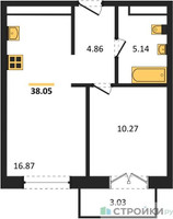 Планировка однокомнатной(квартира) площадью 38.05 квадратных метров в “ЖК Одинбург”