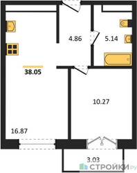 Планировка однокомнатной(квартира) площадью 38.05 квадратных метров в ЖК “ЖК Одинбург”