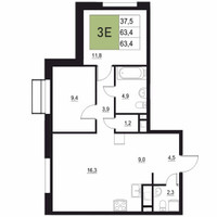 Планировка трехкомнатной(квартира) площадью 63.4 квадратных метров в “ЖК Вяземы Парк”