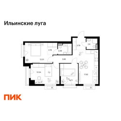 Планировка трехкомнатной(квартира) площадью 68.5 квадратных метров в ЖК “ЖК Ильинские луга”
