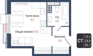 Планировка студии(квартира) площадью 24.9 квадратных метров в “ЖК КИНОКВАРТАЛ”