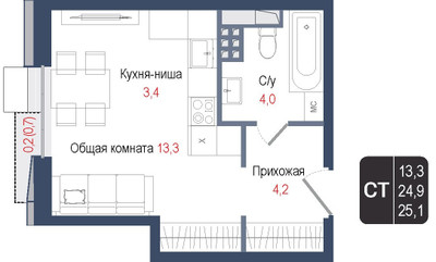 Планировка студии(квартира) площадью 24.9 квадратных метров в ЖК “ЖК КИНОКВАРТАЛ”