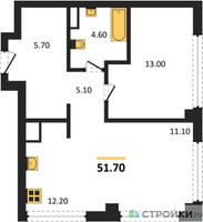 Планировка однокомнатной(квартира) площадью 51.7 квадратных метров в “ЖК Монблан”