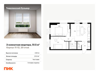 Планировка двухкомнатной(квартира) площадью 51.5 квадратных метров в “ЖК Томилинский бульвар”