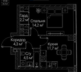 Планировка однокомнатной(квартира) площадью 36.9 квадратных метров в ЖК “ЖК СЕЗАР БУДУЩЕЕ”