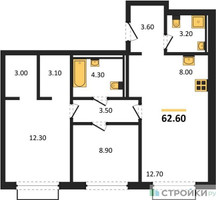 Планировка двухкомнатной(квартира) площадью 62.6 квадратных метров в “ЖК Равновесие”