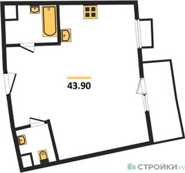 Планировка однокомнатной(квартира) площадью 43.9 квадратных метров в ЖК “ЖК Римский”