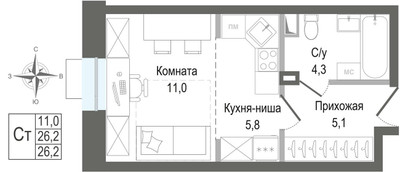 Планировка студии(квартира) площадью 26.2 квадратных метров в ЖК “ЖК КИНОКВАРТАЛ”