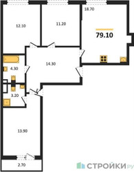 Планировка трехкомнатной(квартира) площадью 79.1 квадратных метров в ЖК “ЖК Родные кварталы”