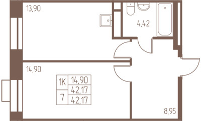 Планировка однокомнатной(квартира) площадью 42.2 квадратных метров в ЖК “ЖК Западная Ивантеевка”