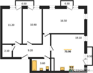 Планировка трехкомнатной(квартира) площадью 73.9 квадратных метров в ЖК “ЖК Южная Долина”