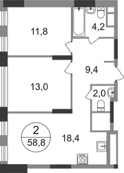Планировка двухкомнатной(квартира) площадью 58.8 квадратных метров в ЖК “ЖК Переделкино Ближнее”