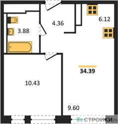 Планировка однокомнатной(квартира) площадью 34.39 квадратных метров в ЖК “ЖК Пятницкие луга”