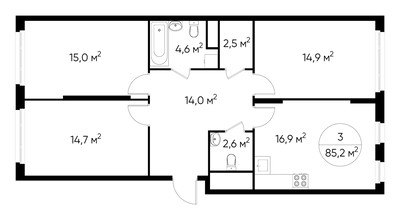 Планировка трехкомнатной(квартира) площадью 85.2 квадратных метров в ЖК “ЖК Переделкино Ближнее”
