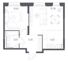 Планировка однокомнатной(квартира) площадью 42.94 квадратных метров в “ЖК Квартал Строгино”
