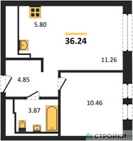 Планировка однокомнатной(квартира) площадью 36.24 квадратных метров в “ЖК Егорово Парк”