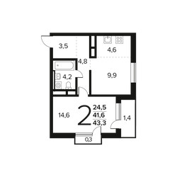 Планировка двухкомнатной(квартира) площадью 43.3 квадратных метров в ЖК “Новые Ватутинки. Заречный”