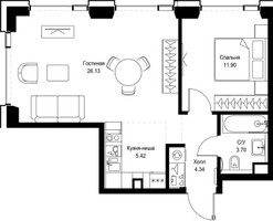 Планировка однокомнатной(квартира) площадью 51.49 квадратных метров в “ЖК СЕТ”