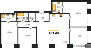 Планировка 4+ комнатной(квартира) площадью 103.4 квадратных метров в “ЖК Wave (Вейв)”
