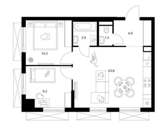 Планировка двухкомнатной(квартира) площадью 52.4 квадратных метров в ЖК “ЖК Мичуринский Парк”