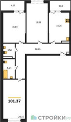 Планировка трехкомнатной(квартира) площадью 101.37 квадратных метров в ЖК “ЖК Riga Hills (Рига Хиллс)”